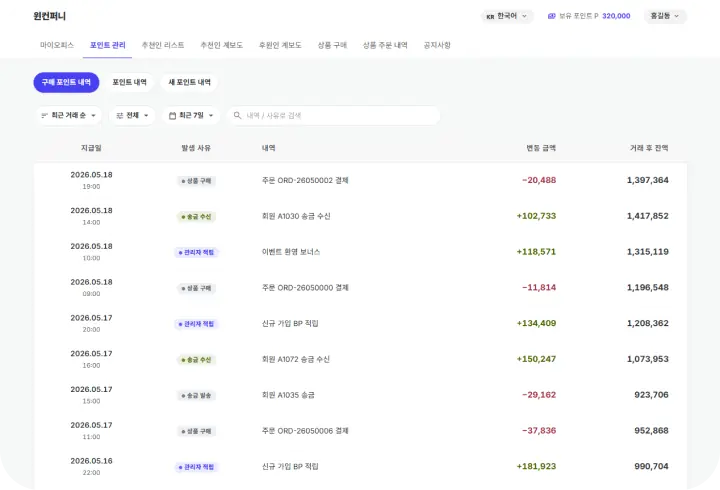 포인트 관리 화면